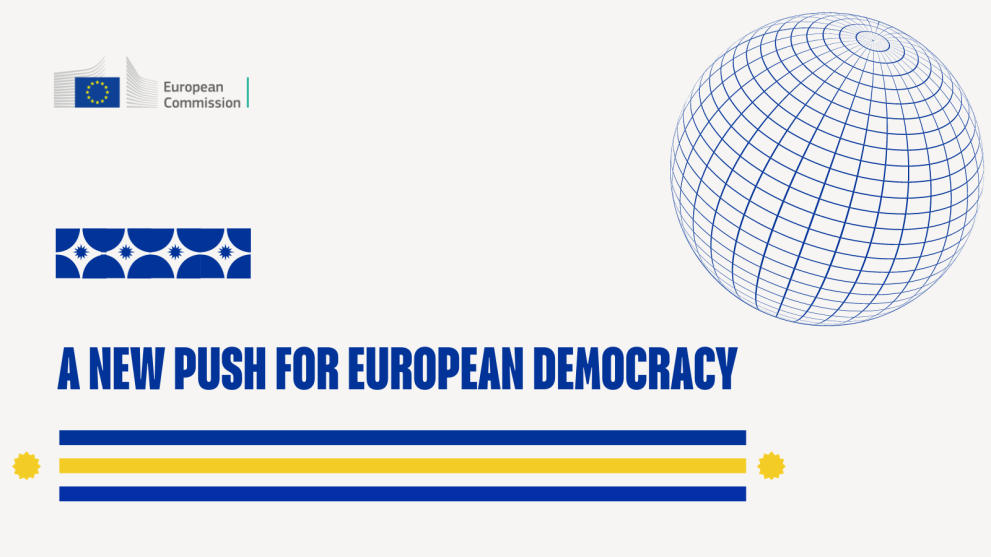 A visual that reads 'a new push for European democracy' with a globe in the top right corner. 