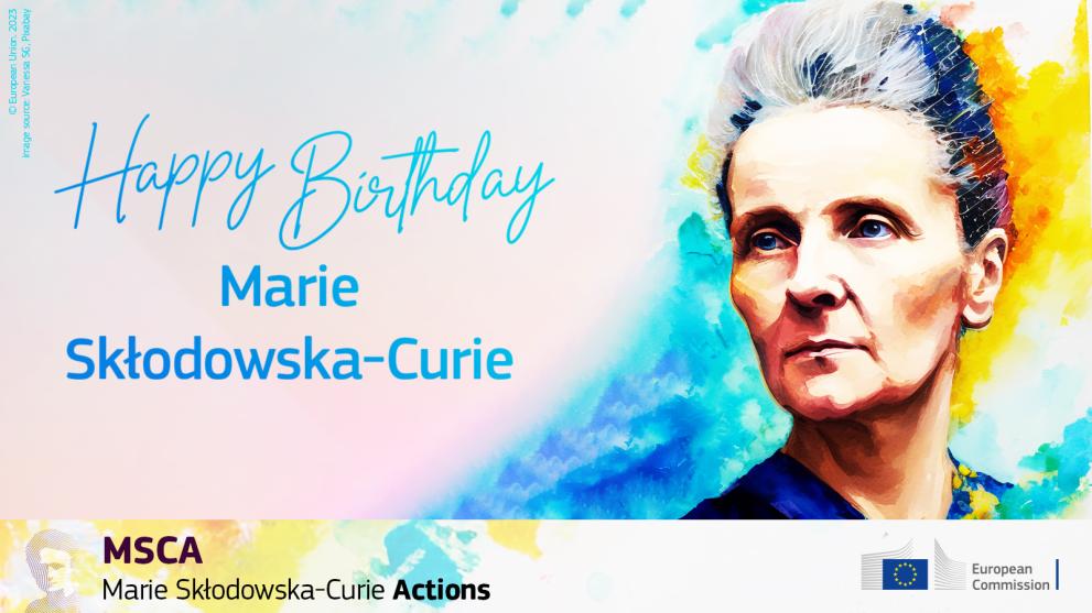 Illustration of Marie Skłodowska-Curie with the text "Happy birthday"