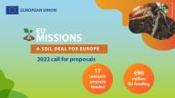 Visual depicting the 2022 call for proposals stating there are 17 new research projects funded with 90 million euros EU funding. On the right corner is a photo of tree roots in soil.
