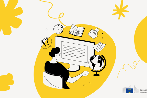 A visual with a graphic of a woman sitting at a desk browsing on a computer. Around the computer there is a globe, a piece of paper, a file, a book, and a clock. There are yellow abstract shapes in the background of the visual.