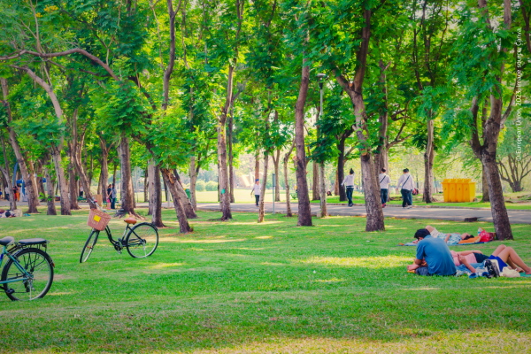 Photograph of a park with people strolling, sitting on the grass and bicycles parked nearby.