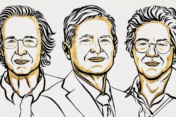 Illustration with the portraits of Pierre Agostini, Ferenc Krausz and Anne L'Huillier, the Nobel prize winners in physics of 2023