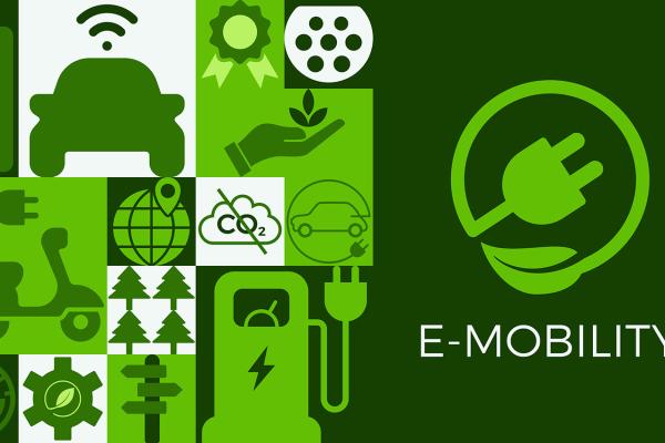 Concept with symbols for eco friendly transportation, vehicle battery and charging, e car technology, and electric or hybrid vehicles.