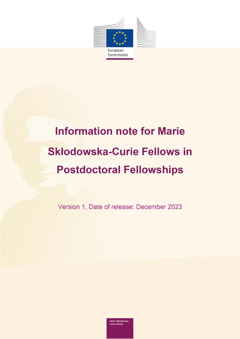 Cover for Information note for Marie Skłodowska-Curie Fellows in postdoctoral fellowships