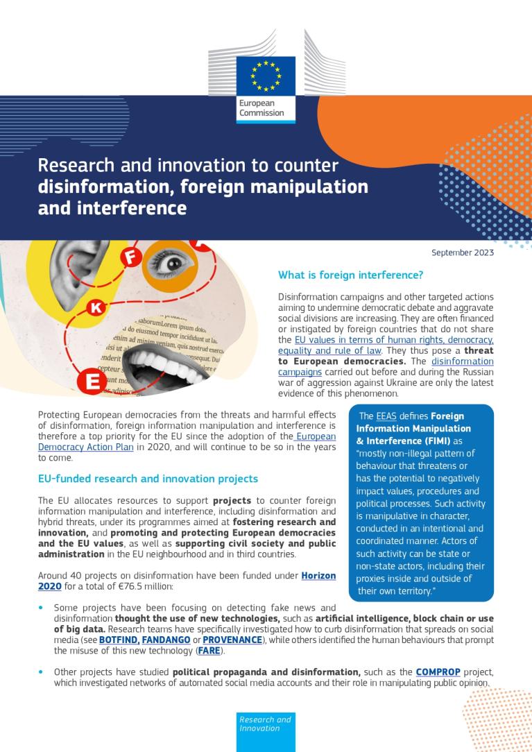 Cover for the "Research and innovation to counter disinformation, foreign manipulation, and interference" publication